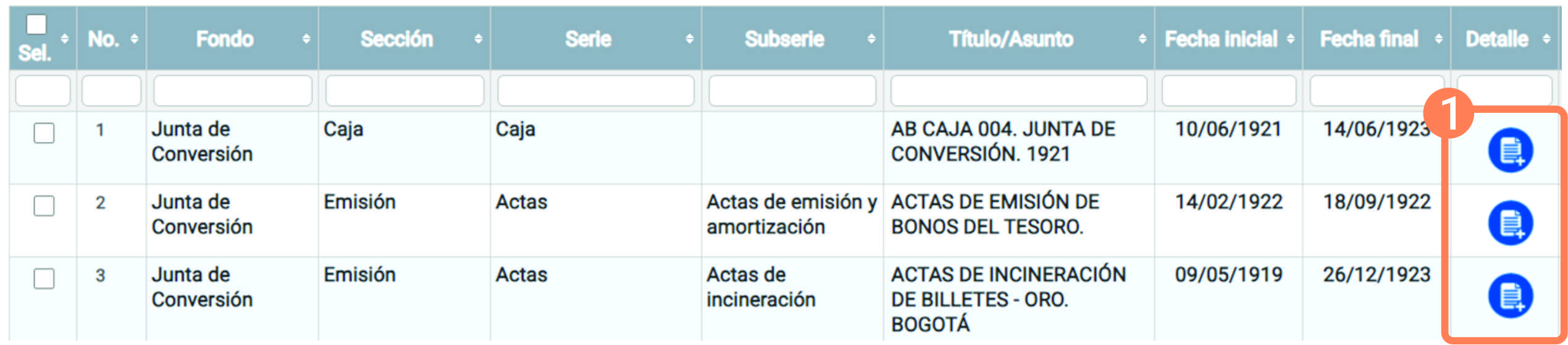 Imagen que muestra el resultado de búsqueda y el icono de documento que permite acceder al registro de cada ítem de la lista