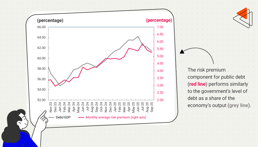 Graph 2 shows how the risk premium component for public debt (red line) exhibits a similar performance to that of the government’s debt as a share of the economy’s output (gray line). 
