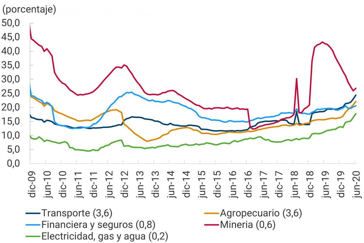 Este segundo panel muestra el resto de sectores económicos y sus porcentajes de destrucción de empresas, entre diciembre de 2009 y junio de 2020. Transporte (3,6% en junio de 2020); agropecuario (3,6% en junio de 2020); financiero y seguros (0,8% en junio de 2020); minería (0,6% en junio de 2020); electricidad, gas y agua (0,2% en junio de 2020). Se destaca el sector minero con mayores porcentajes y variaciones durante la mayor parte del periodo de estudio. Asimismo, el sector de electricidad, gas y agua, se destaca como el de menores porcentajes.
