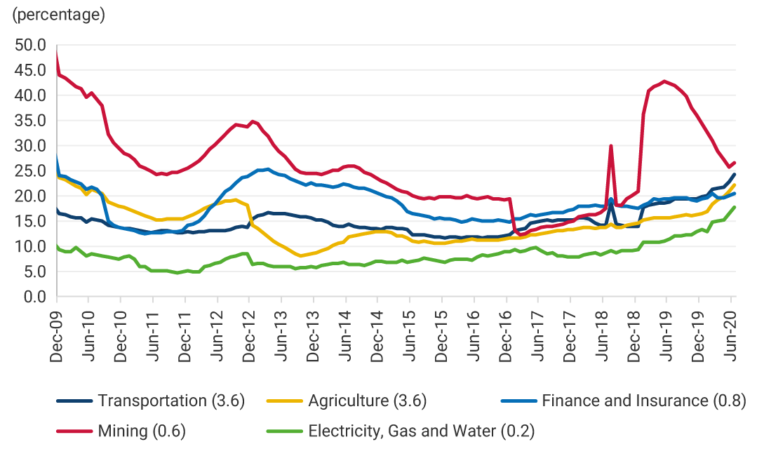 This second panel shows the remaining economic sectors and their percentages of business destruction, between December 2009 and June 2020. Transport (3.6% in June 2020); agriculture (3.6% in June 2020); finance and insurance (0.8% in June 2020); mining (0.6% in June 2020); electricity, gas and water (0.2% in June 2020). The mining sector stands out, with the highest percentages and variations throughout most of the study period. Likewise, the electricity, gas and water sector stands out as having the lowest percentages.