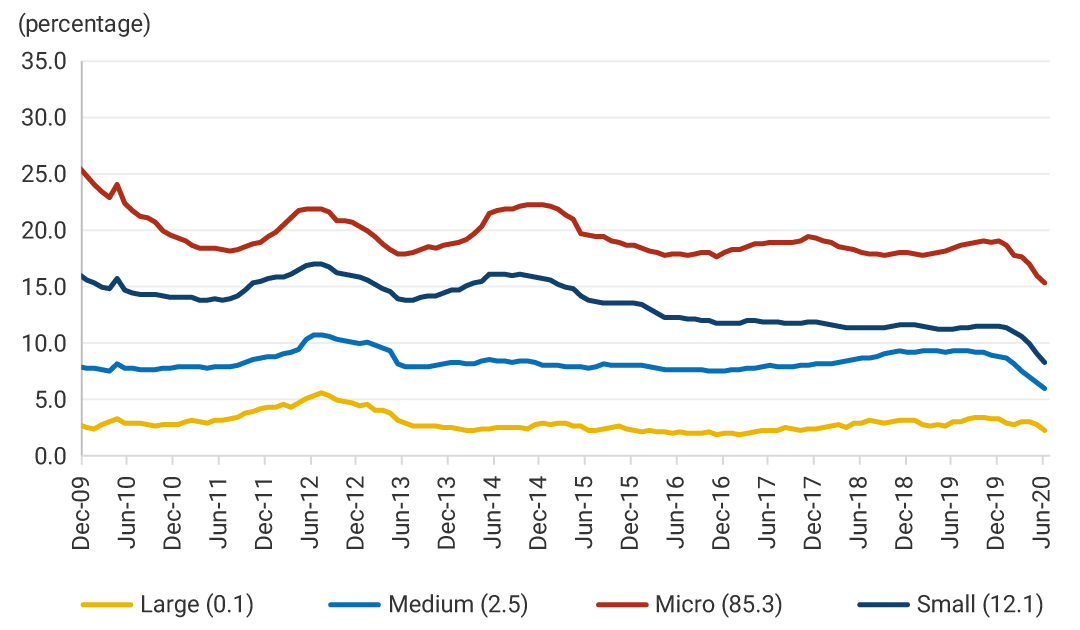This first panel shows the percentages of business creation by size from December 2009 to June 2020. Large (0.1% in June 2020). Medium (2.5% in June 2020). Small (12.1% in June 2020). Micro (85.3% in June 2020). For the period analyzed, the firm creation rate is consistently higher for smaller companies; however, a greater impact on the creation rate of these companies is noted in 2020.
