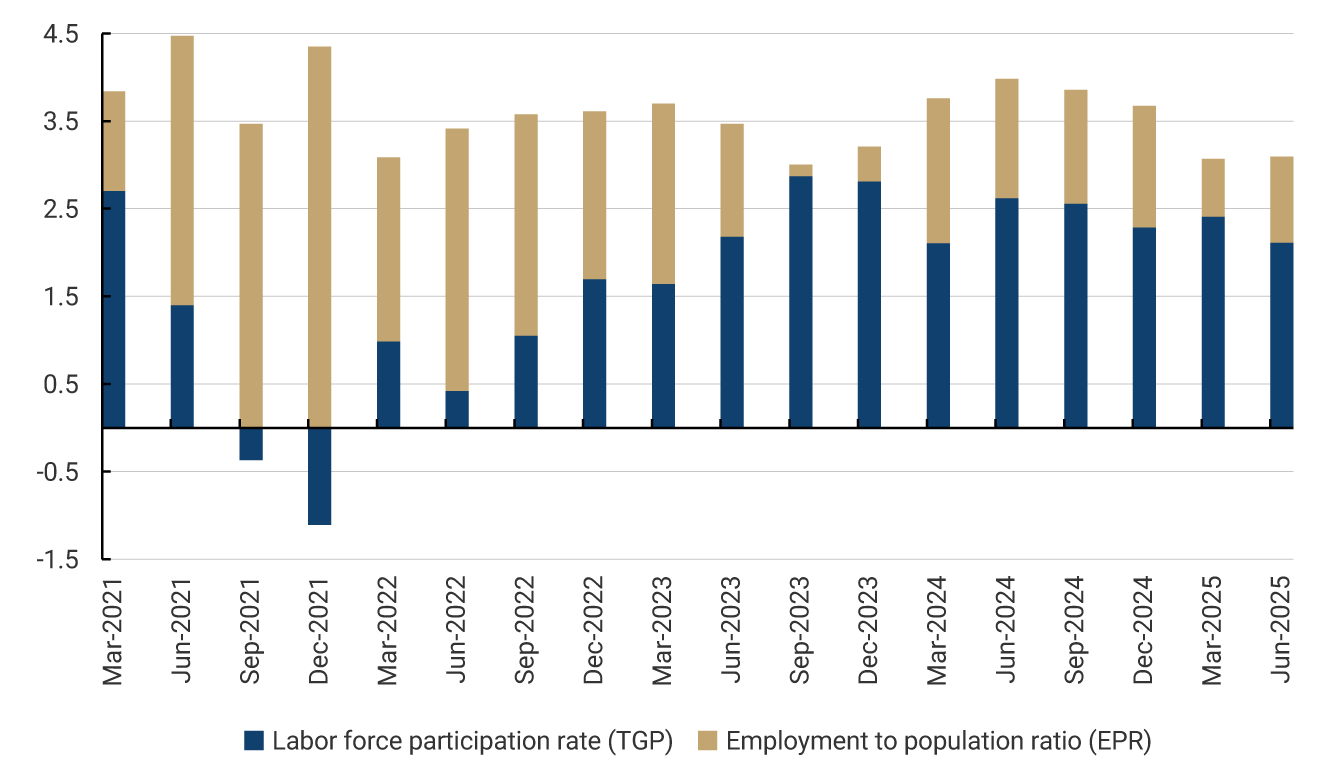 The vertical axis shows values ranging from -1.5 to 4.5. The horizontal axis displays quarterly observations from March 2021 to June 2025. Each period contains two stacked bars: the dark blue bar represents the contribution of the labor force participation rate (TGP), and the gold bar represents the contribution of the employment to population ratio (EPR). Throughout the period, most of the total contributions are positive. The TGP shows more pronounced fluctuations: in several quarters, it contributes values between 0.5 and 3.0; however, in September and December 2021 it shows negative contributions, reaching approximately –0.3 and –1.2. The EPR contributes mostly positively, with values ranging from 0 to 4., with no negative observations. From 2023 onward, both contributions remain positive and relatively stable, with totals close to 3 and 4 points.