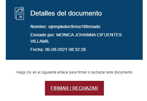 Detalles de la solicitud y acceso al documento en el botón Firmar/Rechazar