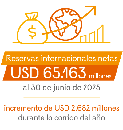 Reservas internacionales netas: 65.163 millones de dólares al 30 de junio de 2025, incremento de 2.682 millones de dólares durante lo corrido del año.