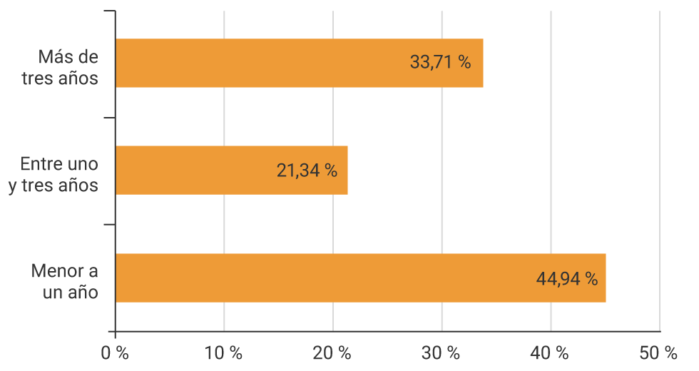 Gráfico de barras horizontales que muestra la composición del portafolio por vencimiento. Menor a un año: 44,94%. Entre uno y tres años: 21,34%. Más de tres años: 33,71%.