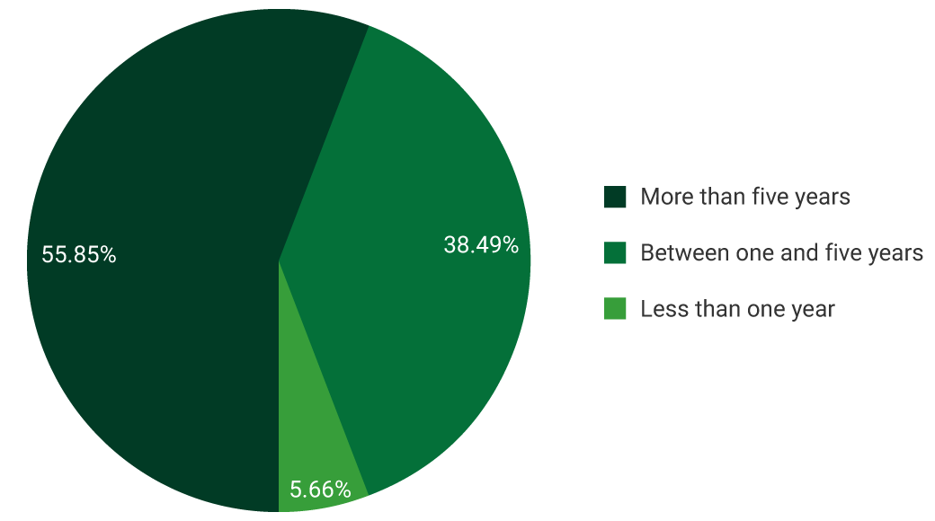 Less than one year: 5.66%. More than five years: 55.85%. Between one and five years: 38.49%.