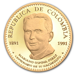 Anverso de la Moneda de oro de curso legal de 50.000 pesos oro, conmemorativa del primer centenario del natalicio del doctor Mariano Ospina Pérez
