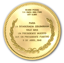 Reverso de la Moneda de oro de curso legal de 50.000 pesos oro, conmemorativa del primer centenario del natalicio del doctor Mariano Ospina Pérez